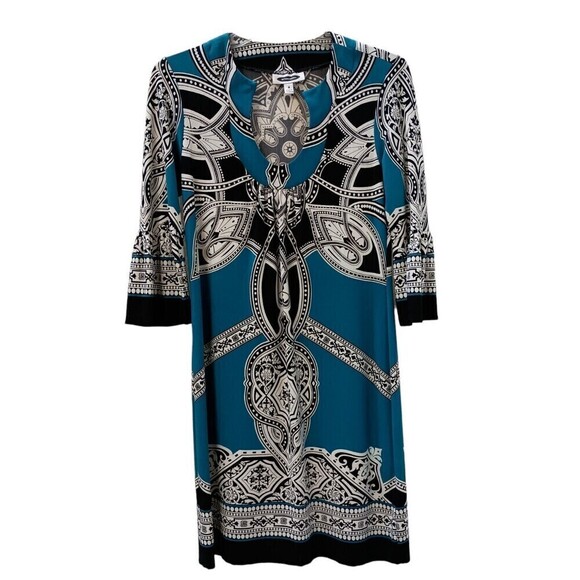 Intermission Dress Size 4 Turquoise Knit Dress Art Deco Print 3/4 Slv - Picture 1 of 4